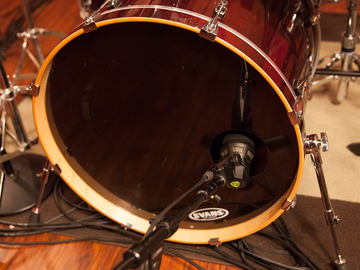 This image shows the DTP 640 REX dual element kick-drum microphone on a kick drum